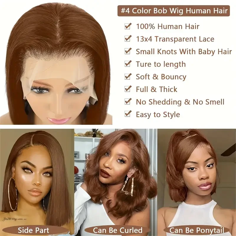 200 densityBrazilian Human Hair  Chocolate Brown Short Bob Bone Straight 13x4 HD Transparent Lace Front Human Hair Wig For Women image 4