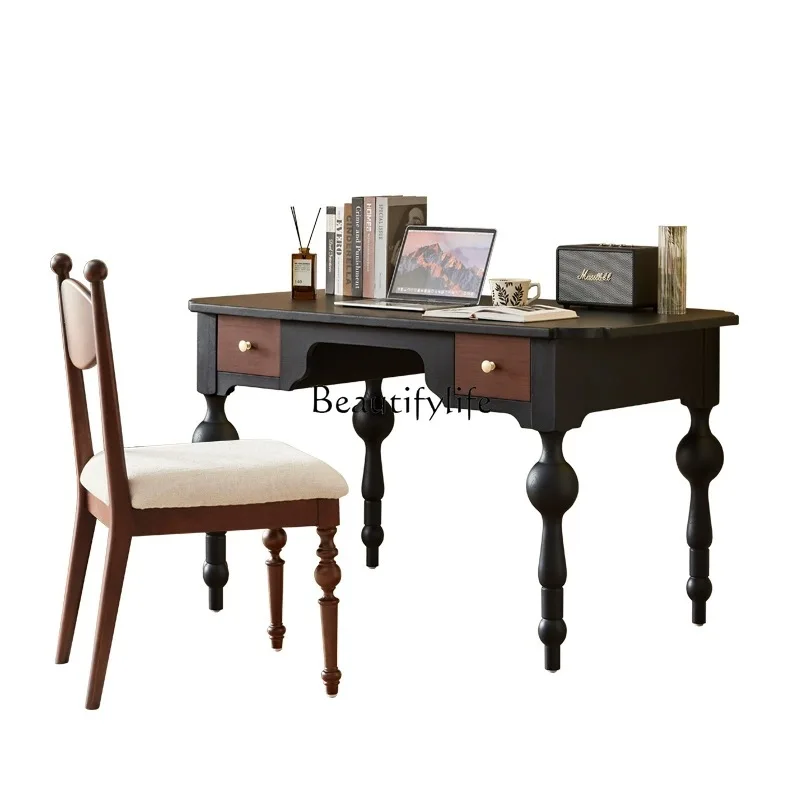 

French retro home bedroom solid wood desk American light luxury black study computer desk