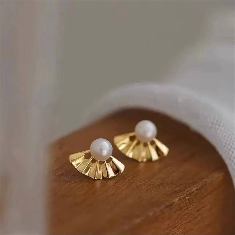 DIY Pearl Gadgets S925 Sterling Silver Stud Earrings Gold Silver Silver Earrings Fit 5-6mm Round Flat Beads E128