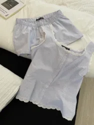 Blue Striped Shorts 2 Piece Set Women Summer Single Breasted Lace Trim Tank Top Sweet Casual Home Cozy Casual Shorts Sets New