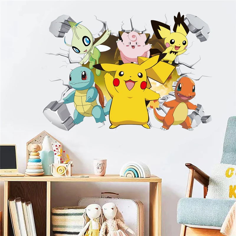 Cartoon Pikachu Wall Stickers For Kid\'s Rooms Kindergarten Living Room Bedroom PVC Wall Decoration Animated Poster Bedroom Decor