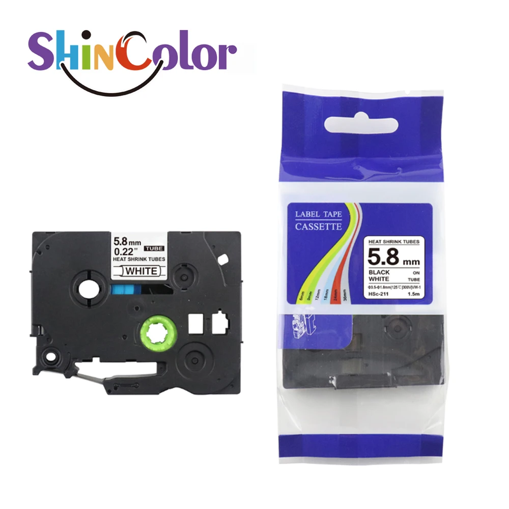 ShinColor 5.8mm Heat Shrink Tube Label HSe-211 HSe 211 HSe211 Tape Black on White Compatible for Brother P-touch Label