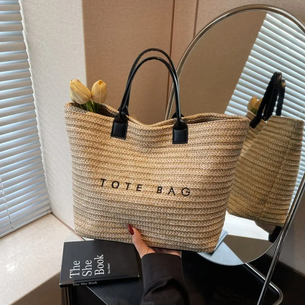 

Simple Beach Handbag Straw Woven Bag Large Capacity Bucket Bag Bohemian Beach Bag Letter Shoulder Bag Shopping
