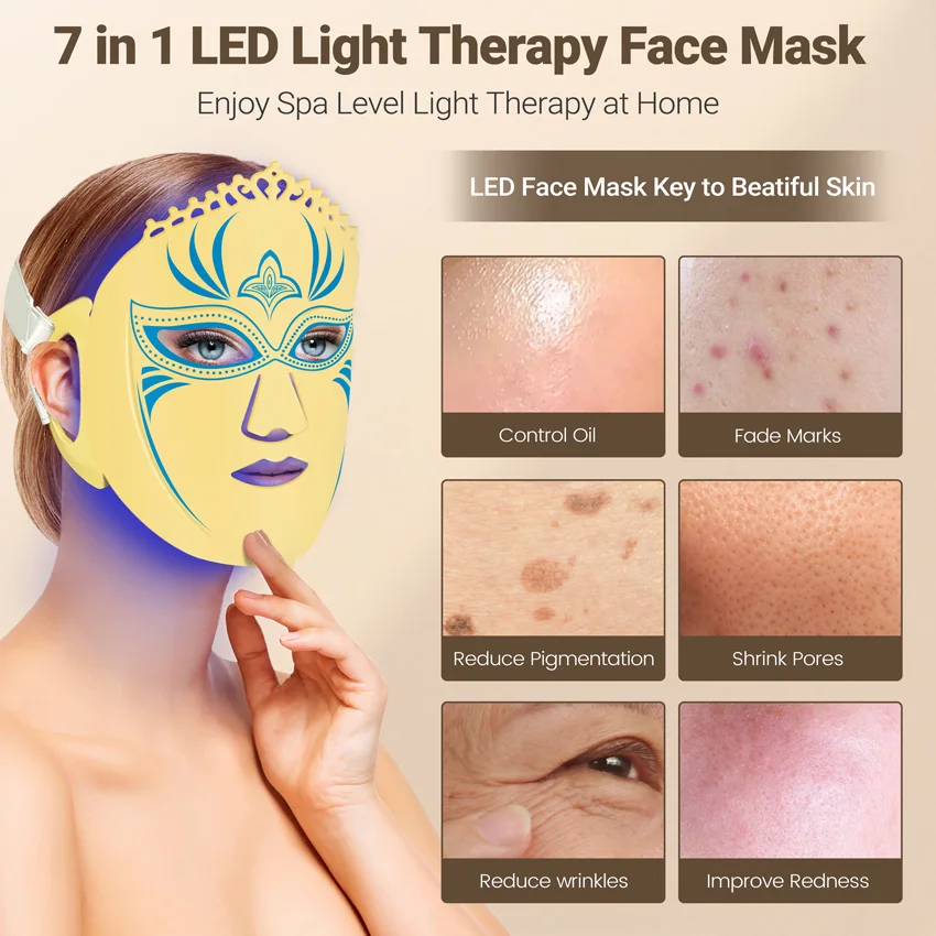 7 Colors 360 Lamp Beads LED Soft Silicone Facial Mask Red Light Photon Therapy for Anti Wrinkle Firming Skin Brightening Acne