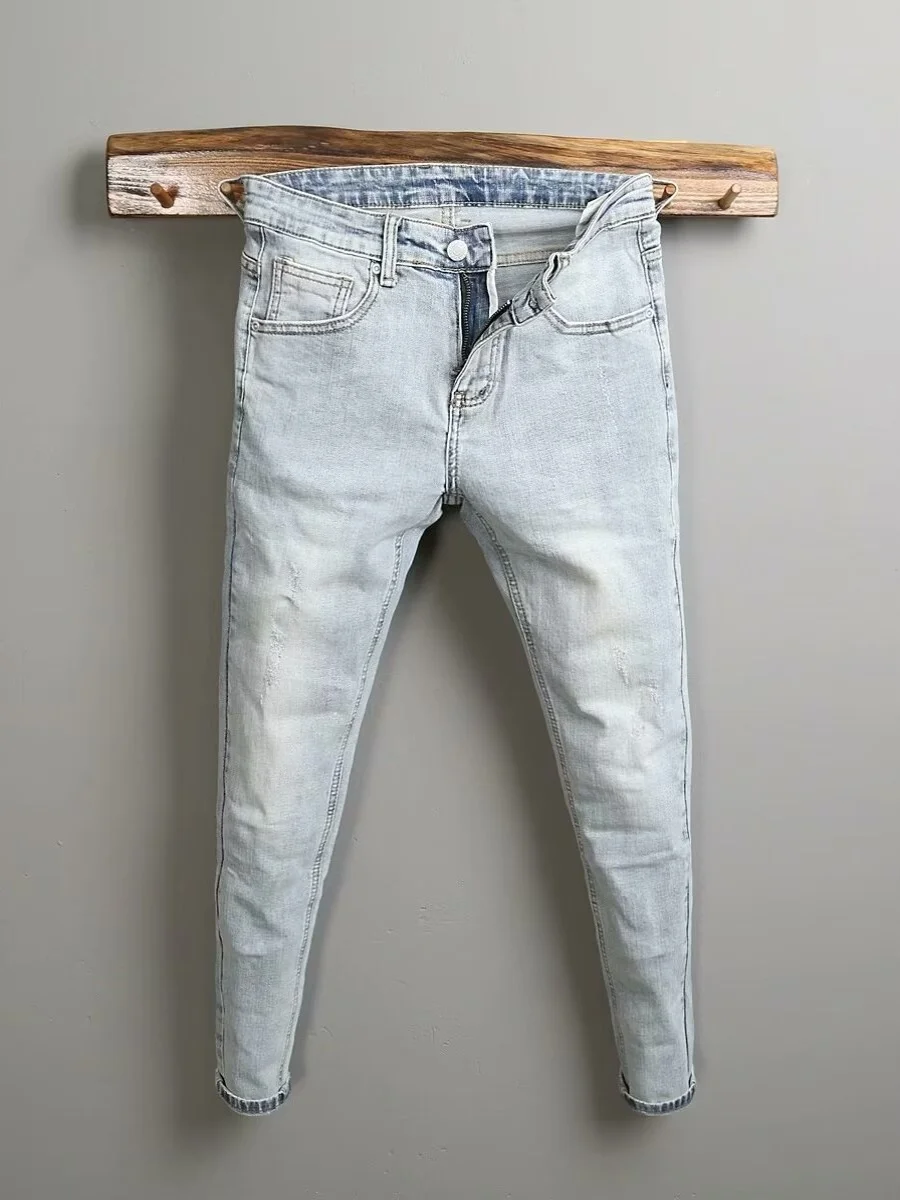 

Голубые мужские джинсы, облегающие хлопковые эластичные джинсовые брюки из девяти предметов, модные брендовые эластичные длинные брюки на весну и лето