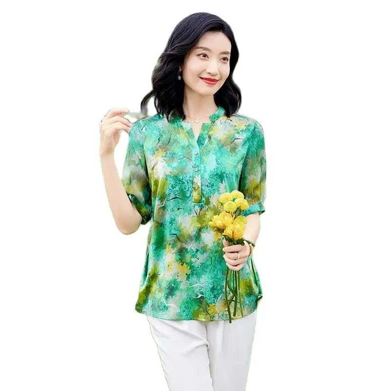 BirdTree, 89.4% Real Silk Fashion Shirt, Women's Half Sleeve Printed, Oversize Mom Elegant Blouse, 2024 Summer 5XL Top T444129QM