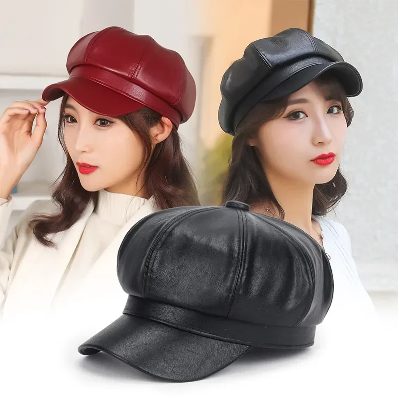 Women Beret Pu Leather Octagonal Casual Outdoor Hat Adjustable Newsboy Caps Vintage Kpop Classic Female Hats