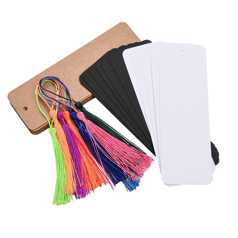 120 Stück Kraftpapier-Lesezeichen in Weiß und Schwarz, inklusive 60 bunten Quasten und 60 leeren Papier-Lesezeichen für DIY-Bastelarbeiten – Detail 5