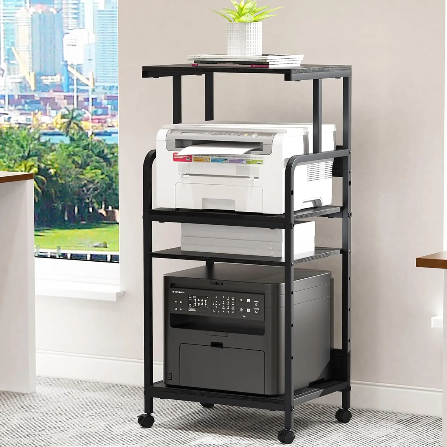 

4 Tier Mobile Printer Stand with Storage Shelf, Adjustable for Home Office, Black