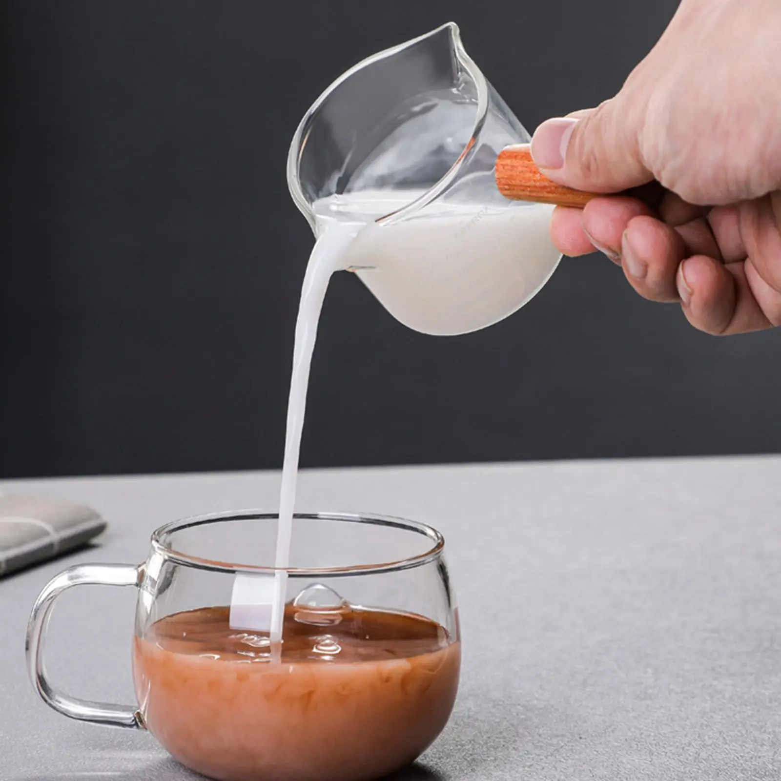 Double Spout Measuring Mug Clear High Borosilicate Glass Espresso Shot Cup with Wooden Handle for Kitchen Coffee Wine Cocktail