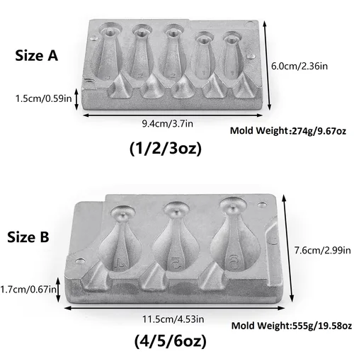 Imagen 2 del producto Molde de plomo para pesca DIY, 5 cavidades para 1/2/3oz, 3 cavidades para 4/5/6oz sin mango, molde de peso para manualidades de pesca