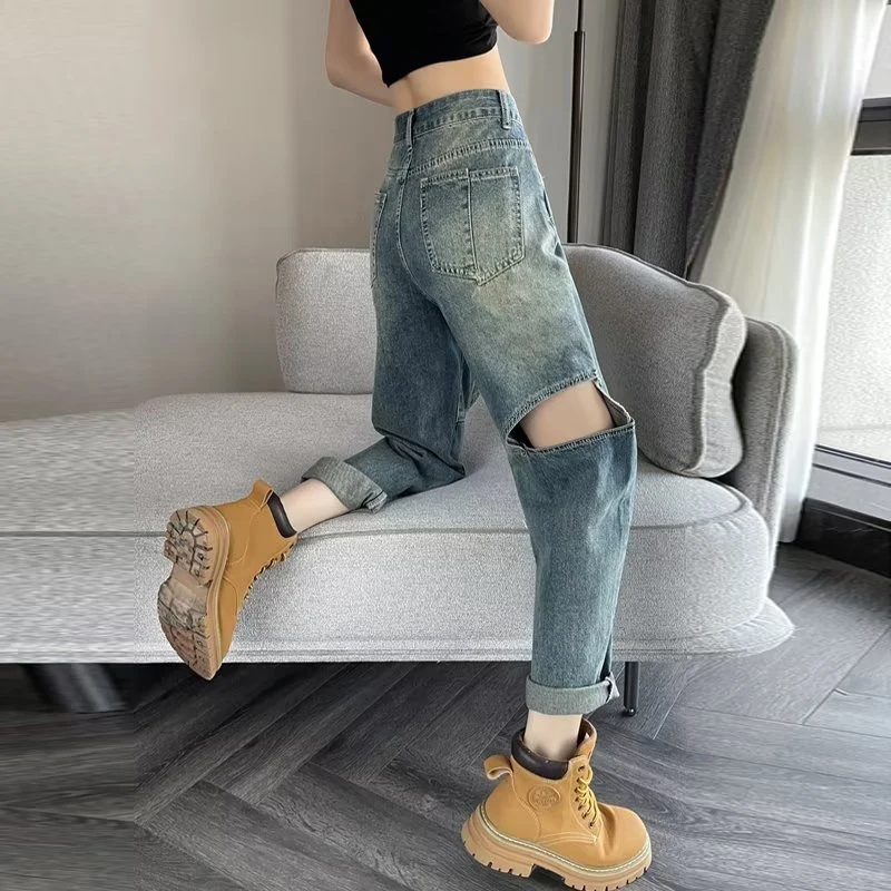 Legal menina moda estilo calças de rua buraco quebrando tendência design jeans cintura alta perna larga casual jeans retos baggy perna larga j