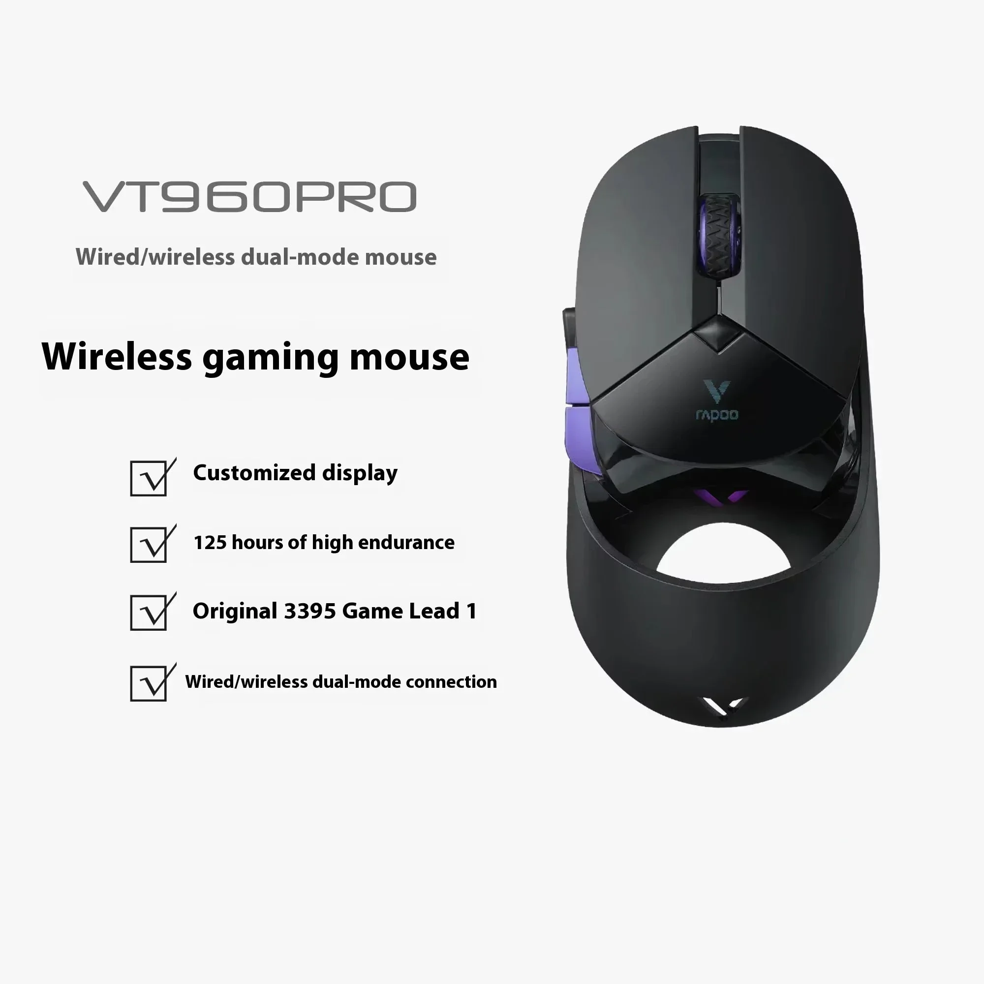 Rapoo VT960PRO Wireless Mouse Dual Mode 4k RGB Ergonomics OLED Display Paw3395 Gaming Mouse Programmable PC Gamer Gift