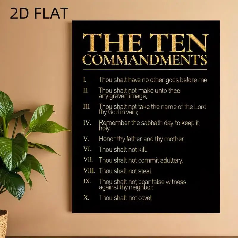 2D Flat The Ten Commandments Metal Wall Art, Black & Golden Religious Design, Iron Material, for Home/Church/Study Decor