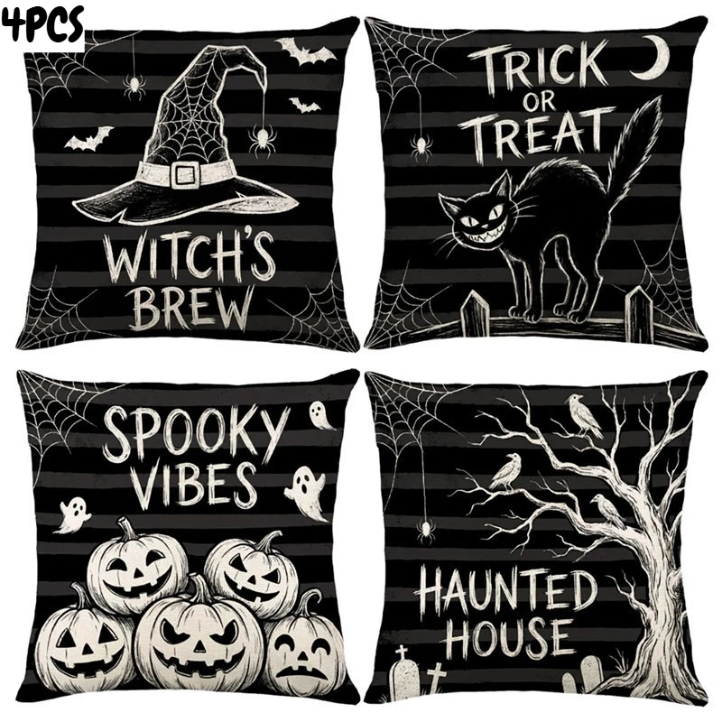 4PCS/SET Halloween Pillow Cover Linen Retro Skeleton Black Cat Pumpkin Themed Halloween Pillow Cover Wear-resistant Breathable