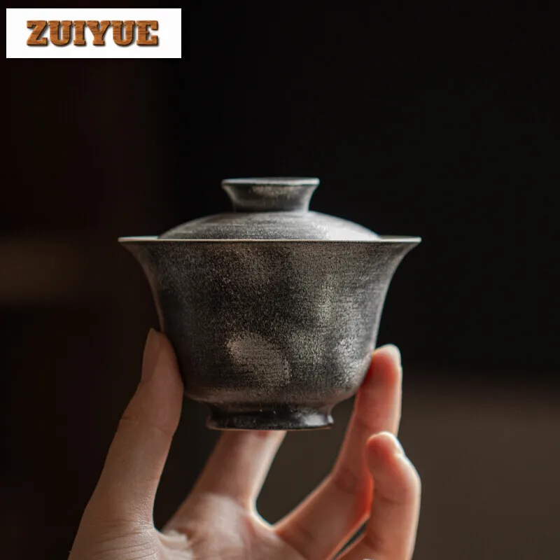 

120ml Black Powder Yin Cover Bowl Household Gilt Silver Gaiwan Antique Tea Tureen Household Tea Making Tea Bowl Teaset Crafts