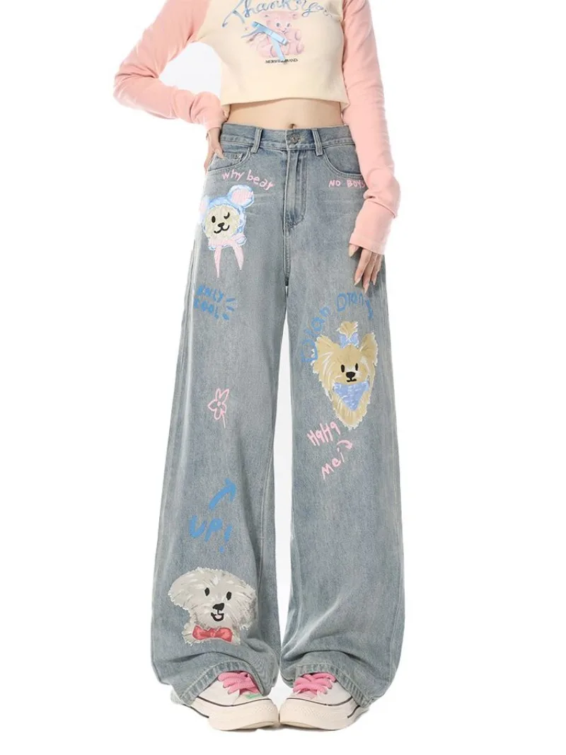 

Cute Light Blue Cartoon Graffiti Printed Jeans for Women Loose Fitting Straight Leg Pants Streetwear Versatile Slouchy Jeans