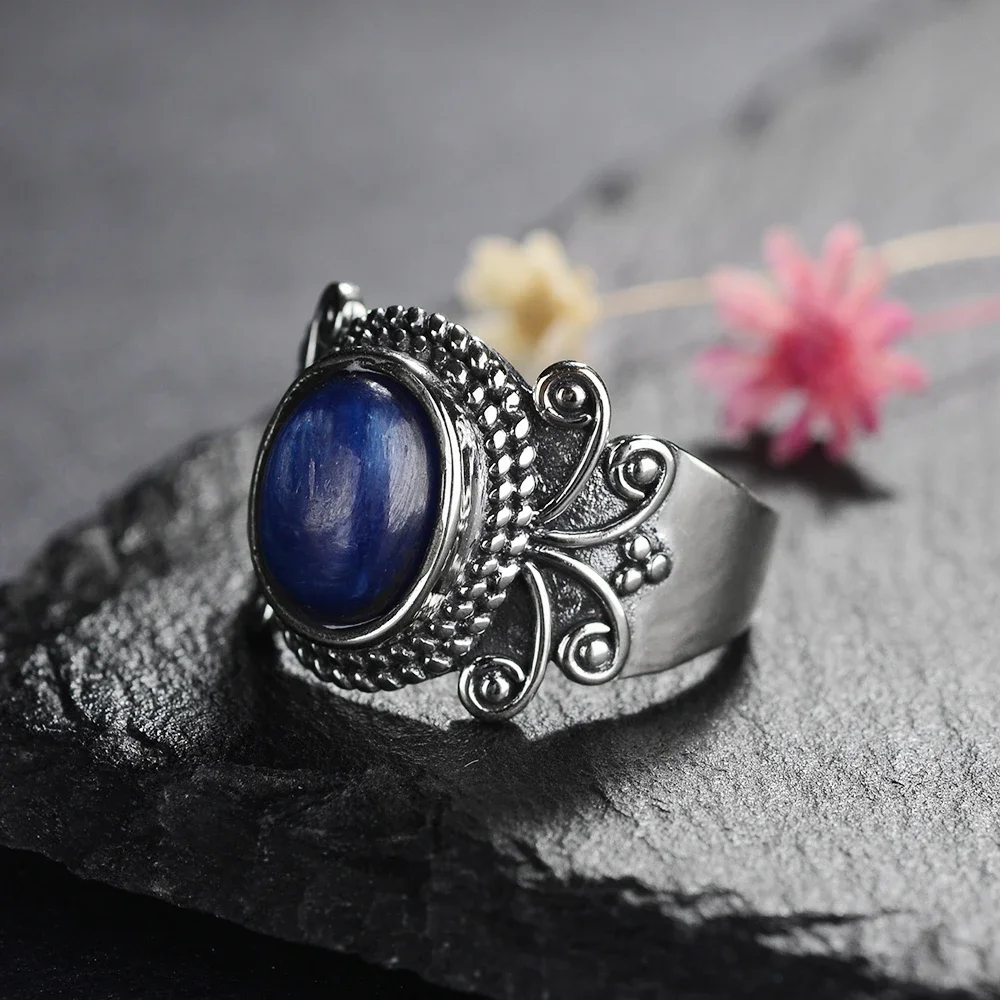 Nasiya Antique Silver Rings Oval Dark Blue Natural Kyanite Rings For Women Silver Jewelry For Party Wedding Birthday Gift