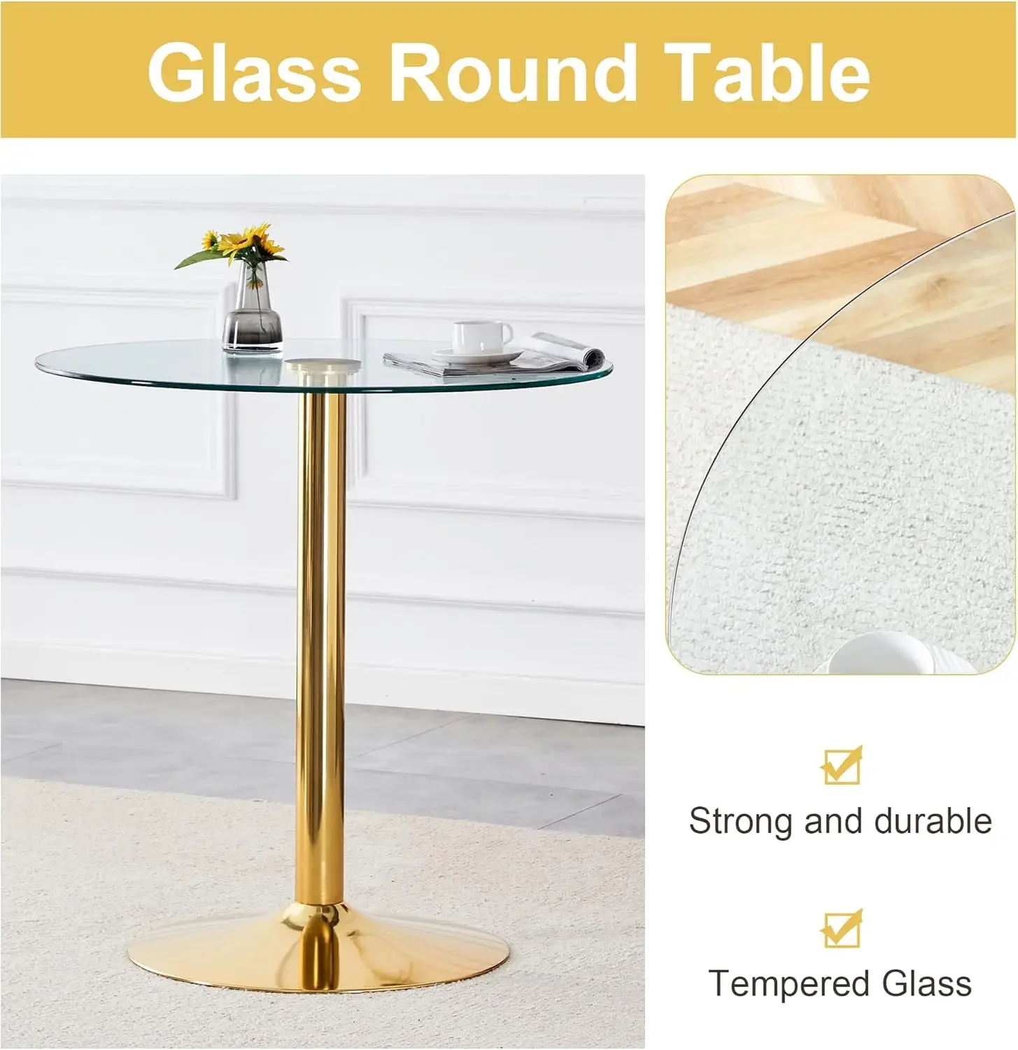 3- Round Bar Table Set,Round Counter Height Dining Table Set,35" Tempered Glass Pub Table and Light Grey Chairs,Round Gold bar