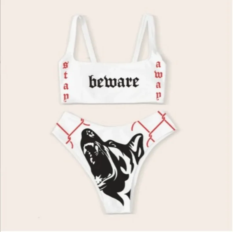 Women's Beware Wolf Print Bikini Set Square Neck Cami Top High Cut Thong Swimsuit Sexy Beach Bathing Suit Summer Swimwear