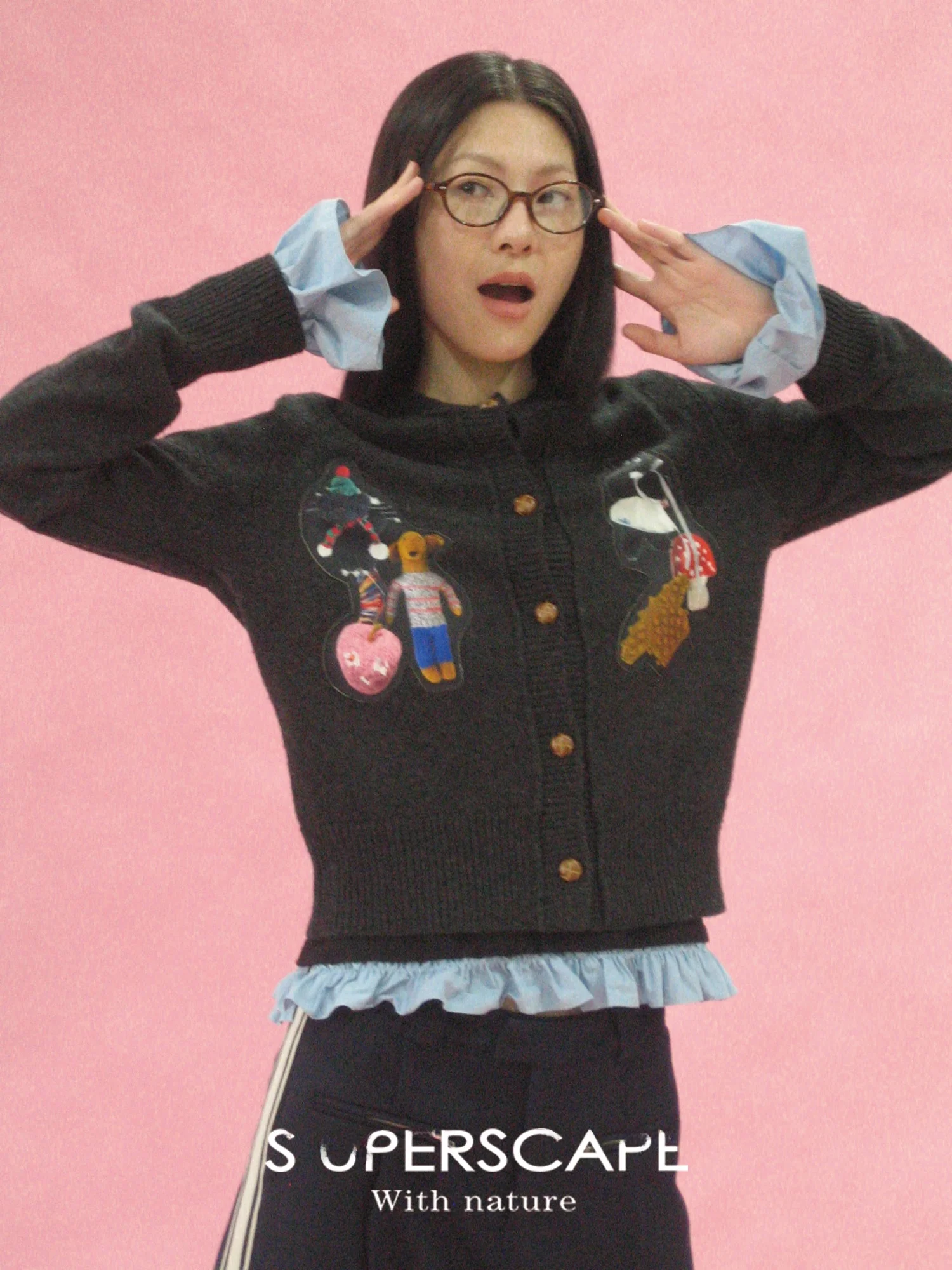 

Super Scape Retro round Ne Patchwork Decorative Woolen Knitted Cardigan Women's Straight Cut Long Sve ort Length Autum...