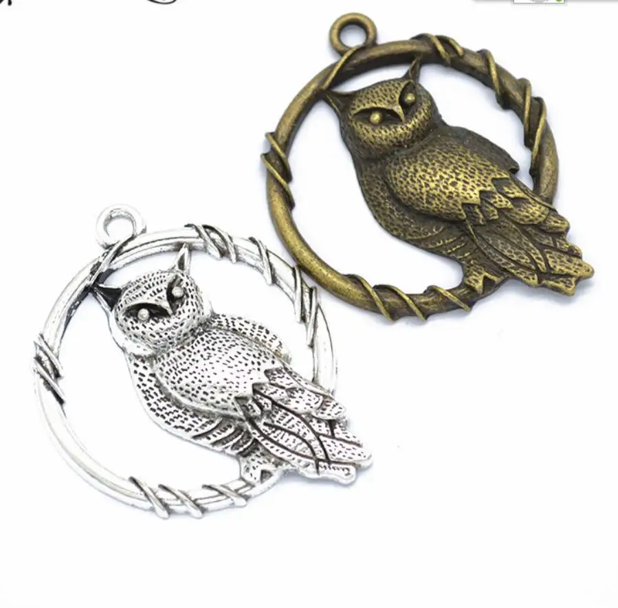 2pcs 47*37MM Charms Big Eyes Owl Antique Making Pendant Fit Vintage Tibetan Bronze Silver Color DIY Handmade Jewelry F0688