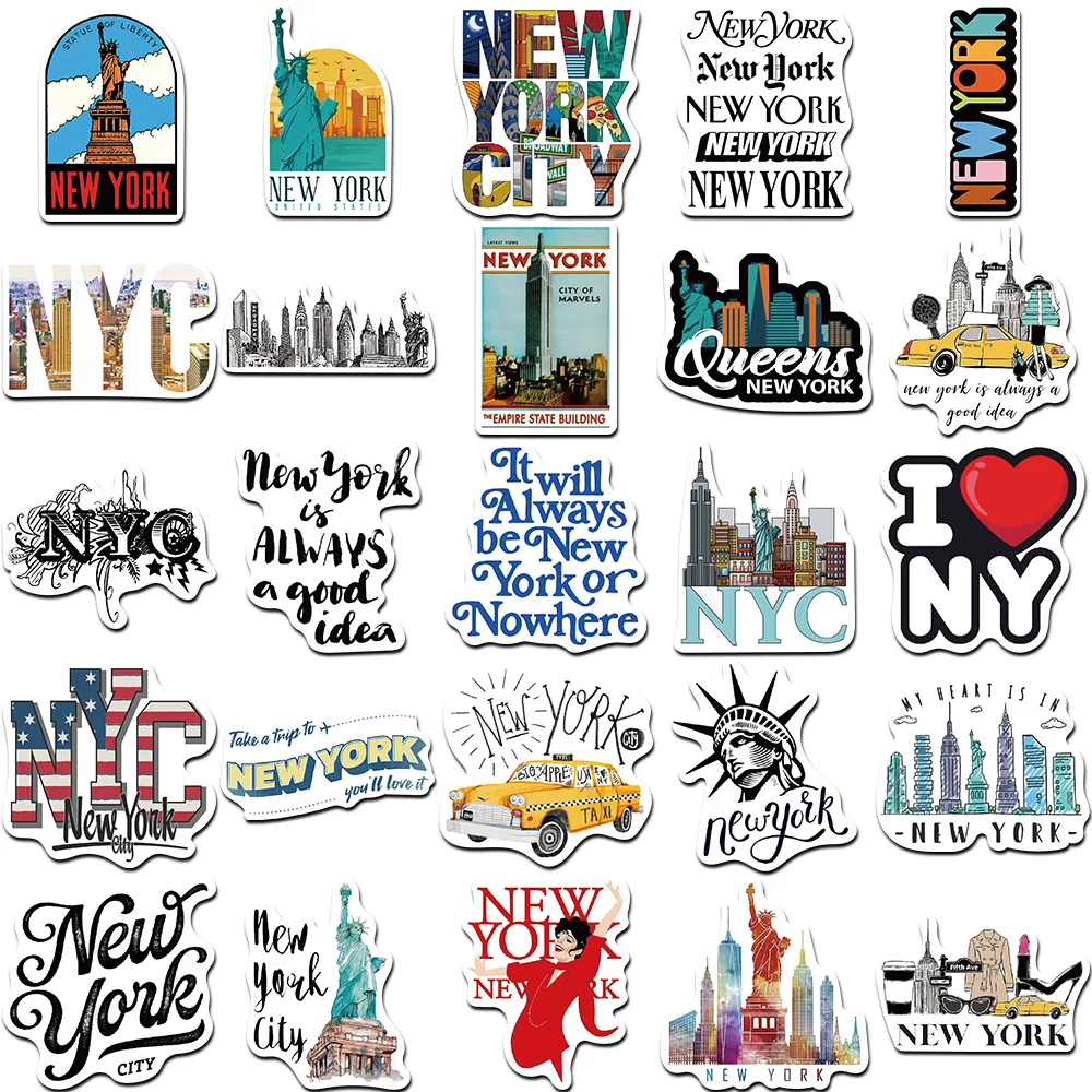 Autocollant de dessin animé New York pour valise, skateboard, ordinateur portable, bagage, téléphone, voiture, décalcomanie bricolage, 10 pièces, 30