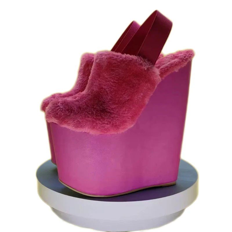 

DIZHUANG Сексуальные женские туфли на высоком каблуке. Розово-красные плюшевые туфли с круглым носком. Туфли на танкетке и платформе Туфли с босоножками Туфли для показа мод