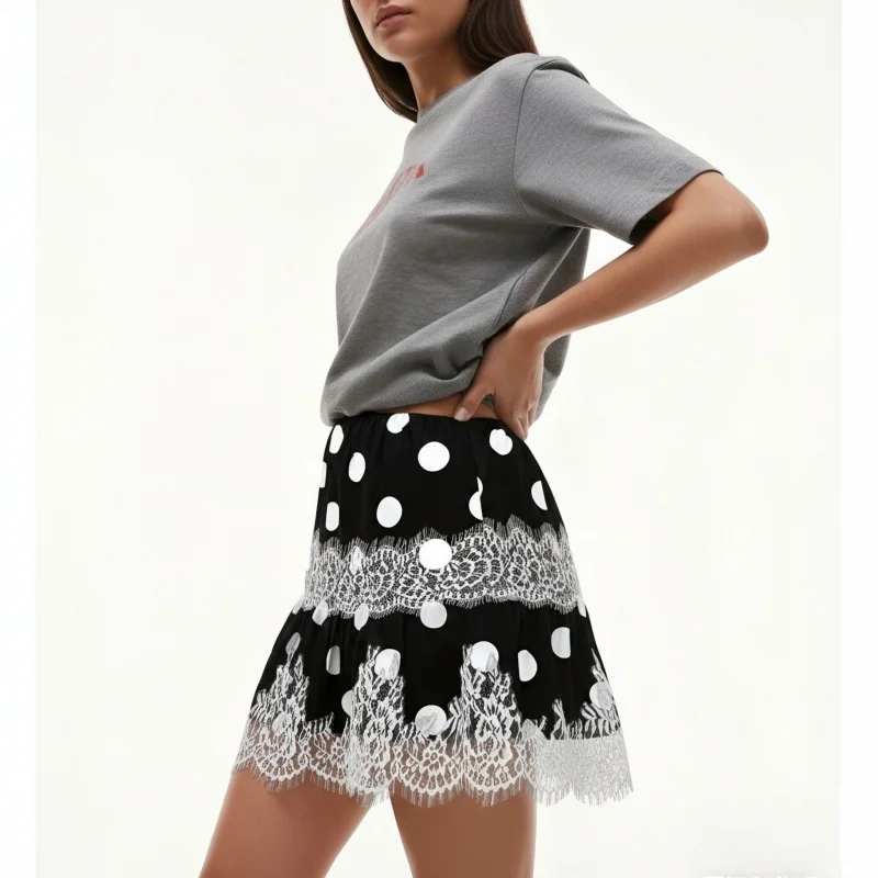 Rok Dalam Wanita Motif Polkadot Berbahan Satin dengan Renda, Model Low Rise dengan Lis Renda, Rok Pendek Silky A-Line, Rok Mini Peri