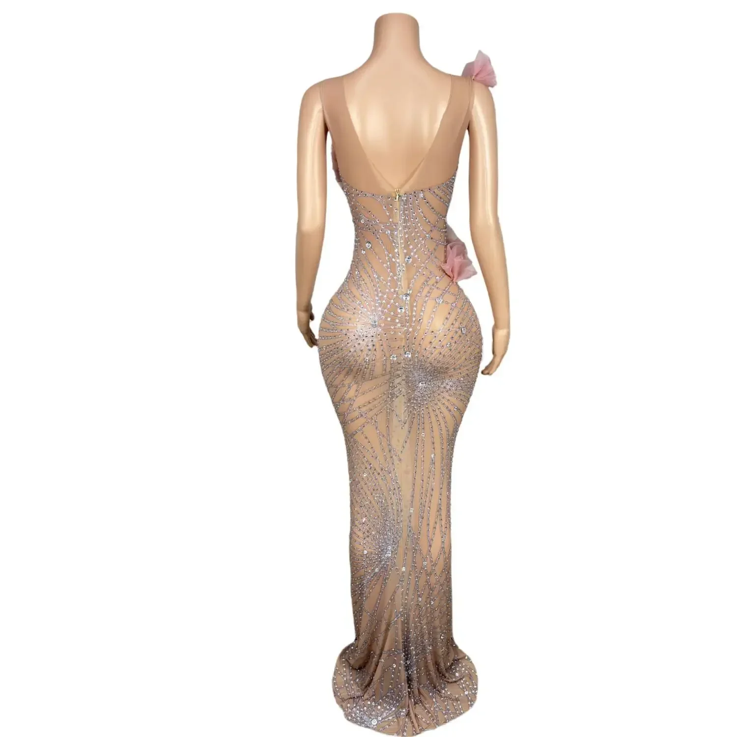 Vestido largo con espalda descubierta para mujer, traje Sexy con flores, diamantes brillantes, cuentas transparentes, Formal, noche, cumpleaños, graduación, sesión de fotos