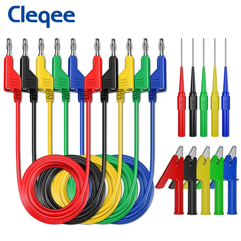 

Cleqee P1036D 15PCS Banana Plug Multimeter Test Leads Kit with Test Probes Alligator Clip Dual 4mm Stackable Banana Plug 1M Wire