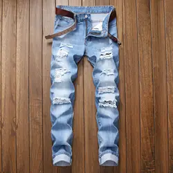 Güz yeni erkek giyim yırtık düz Fit gerilemez kot moda mavi rahat sosyal Hip Hop parti yüksek kaliteli Denim pantolon