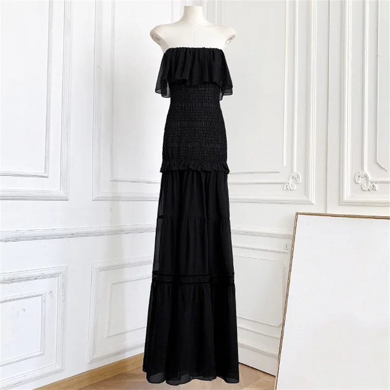 

Women's dress New sexy off shoulder sleeveless dress for spring 2026 pleated waistband slim fit floor length dress party dresses