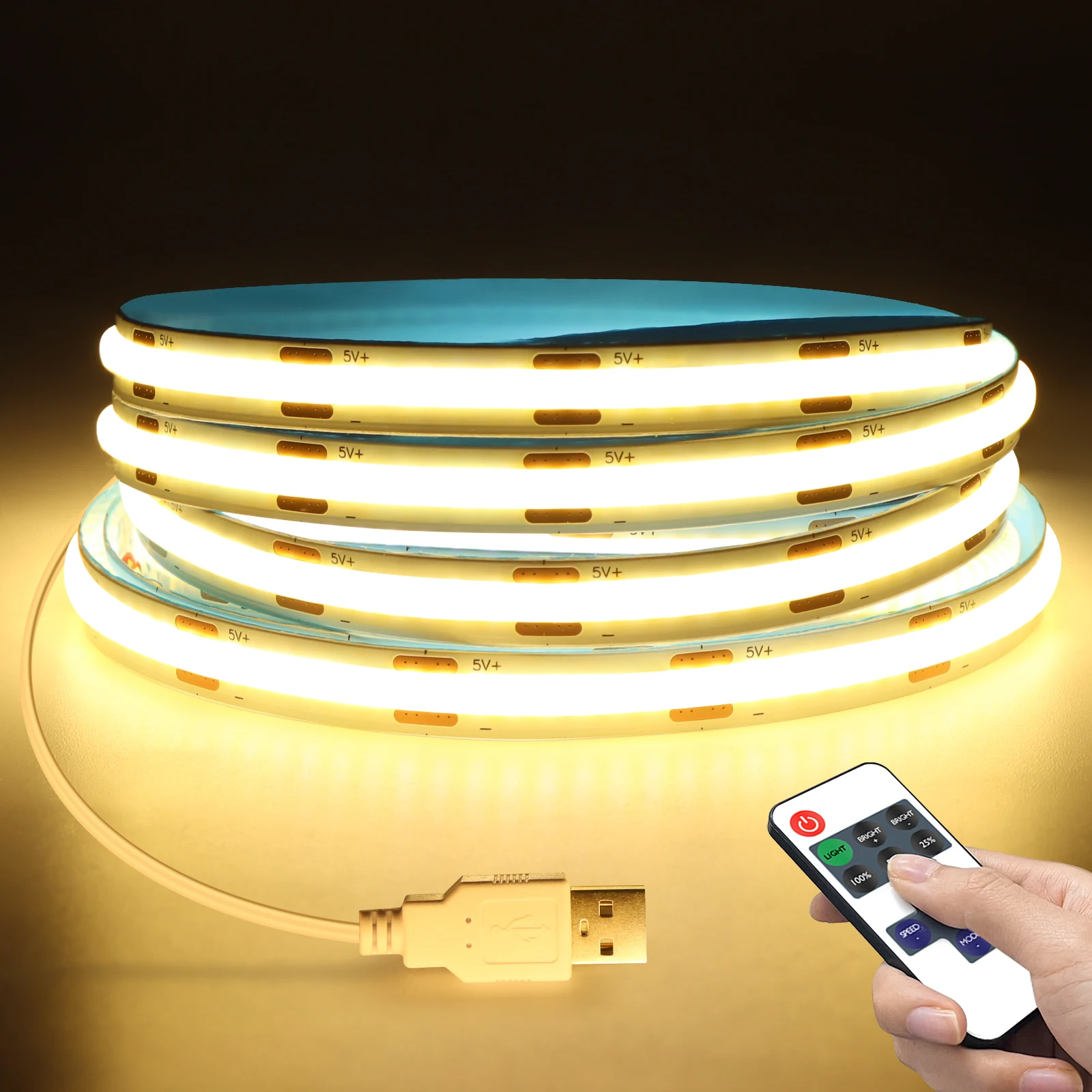 5V COB LED Strip with Dimmable Remote Control ON/OFF 2/3/5M White/Warm White COB Strip Light For Indoor Home Decoration Lighting