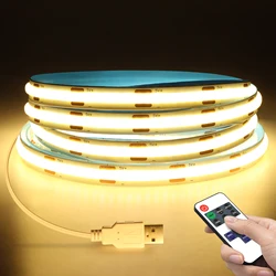 5V Dimmable COB LED Strip Light with Remote Control ON/OFF 1m 2m 3m 5m White/Warm White COB Strip Light For Indoor Home Lighting