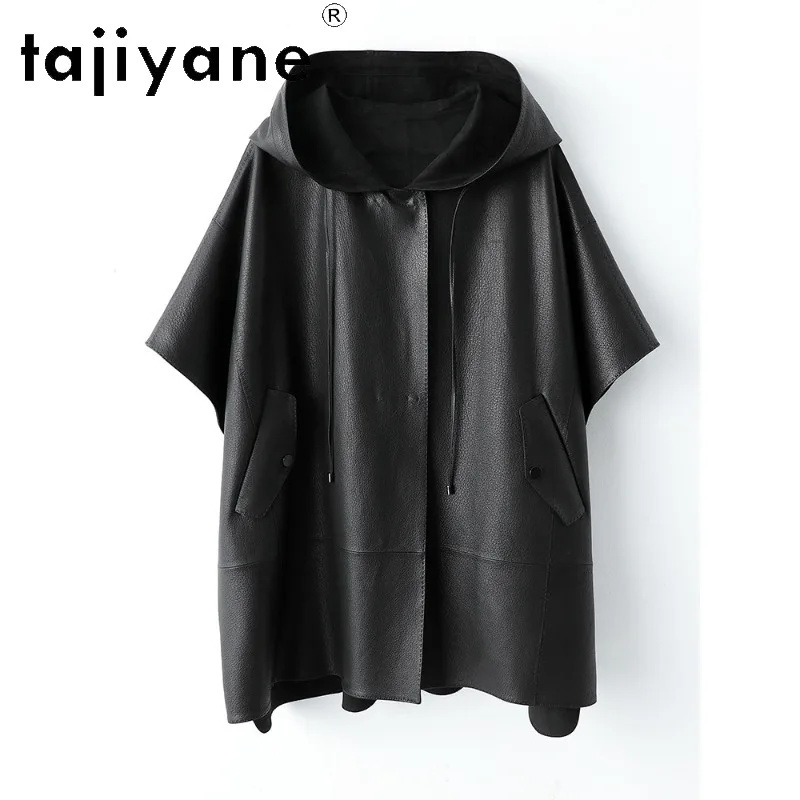 TAJIYANE Turkey Genuine Deer‑Grain Goatskin Leather Jacket Women Cape Coat Mid‑Length Outerwear Hooded Jackets Sleeveless Косуха