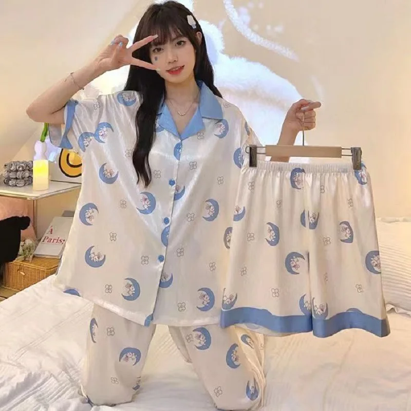 

3pcs Set Sleepwear for Women Kawaii Rabbit Dog Printed Pajama Party Nightgowns Girls Cute Pijama Roomwear Ice Silk Summer Pjs