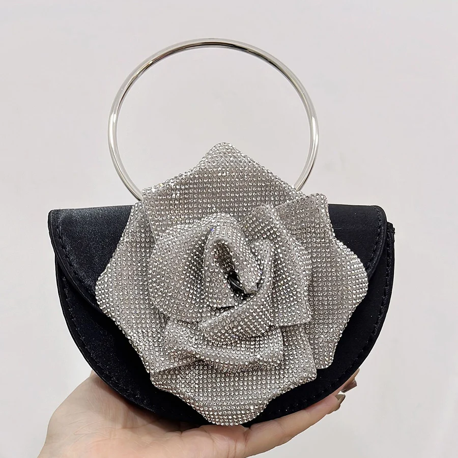 Luxury Rose Flower Crystal Clutch Bags Women Party Evening Flap Handbags Bridal Wedding Rhinestone Ring Handle Half Moon Bag Sac
