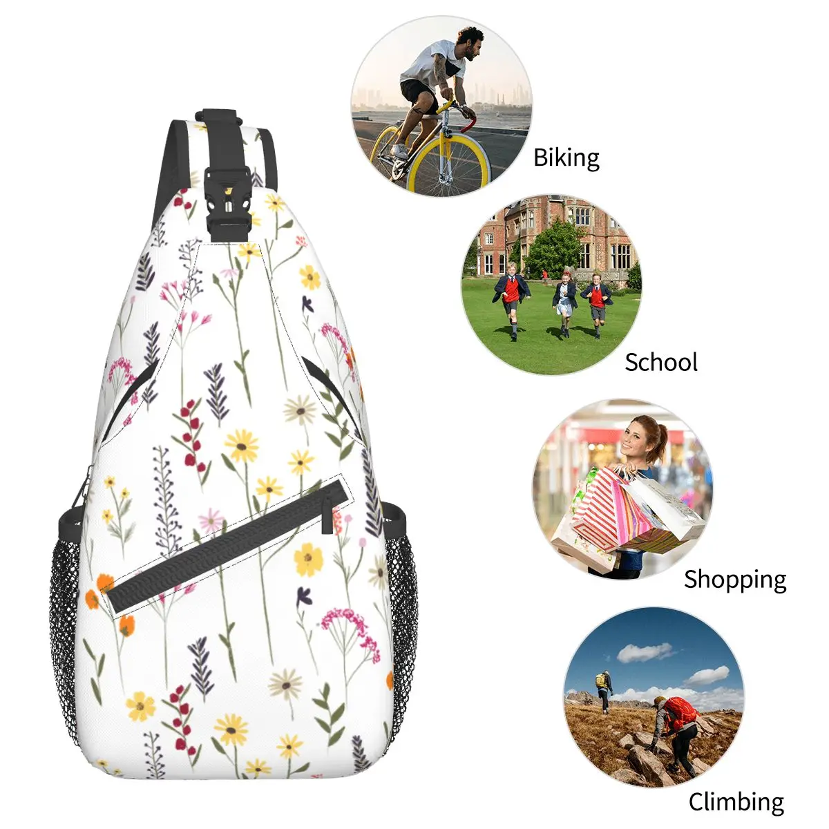 Flores bonitas Floral Sling Bag Peito Crossbody Ombro Mochila Viagem Caminhadas Daypacks Padrão Bag