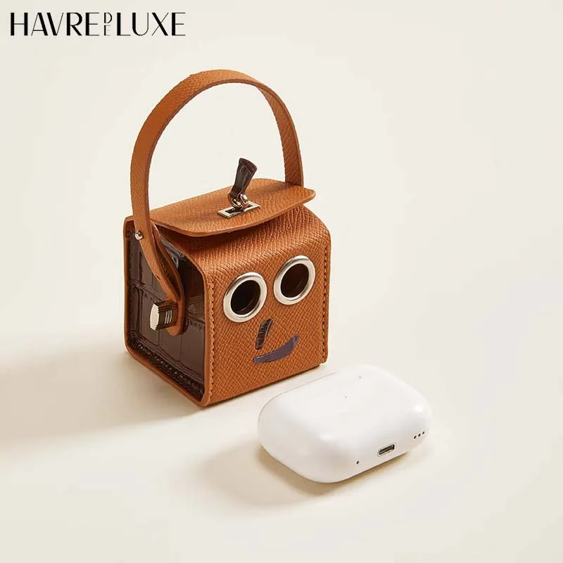 Leather earphone bag charm neat and orderly storage cute funny keychain pendant robot creative design mini bag accessories