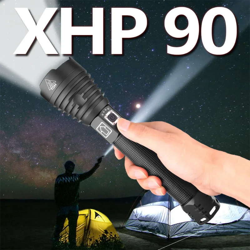 

Super Bright XHP90 LED Flashlight High Lumens Zoomable USB Rechargeable Zoom Tactical Torch Camping Searching Lamp