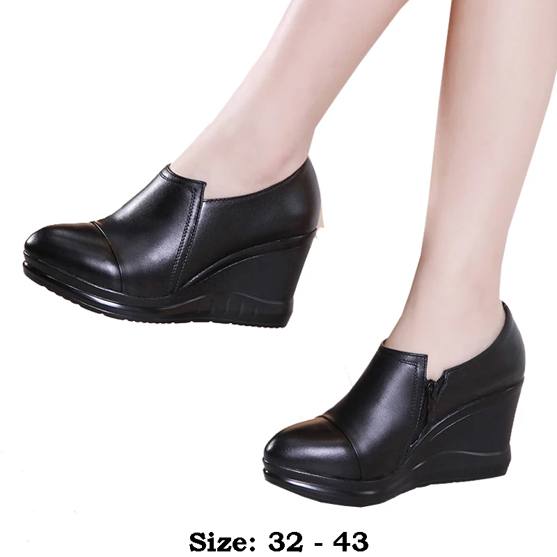 

high quality leather wedge shoe for women 7cm high heel platform point toe 32 33 43 elegant and fashion autumn winter shoe black