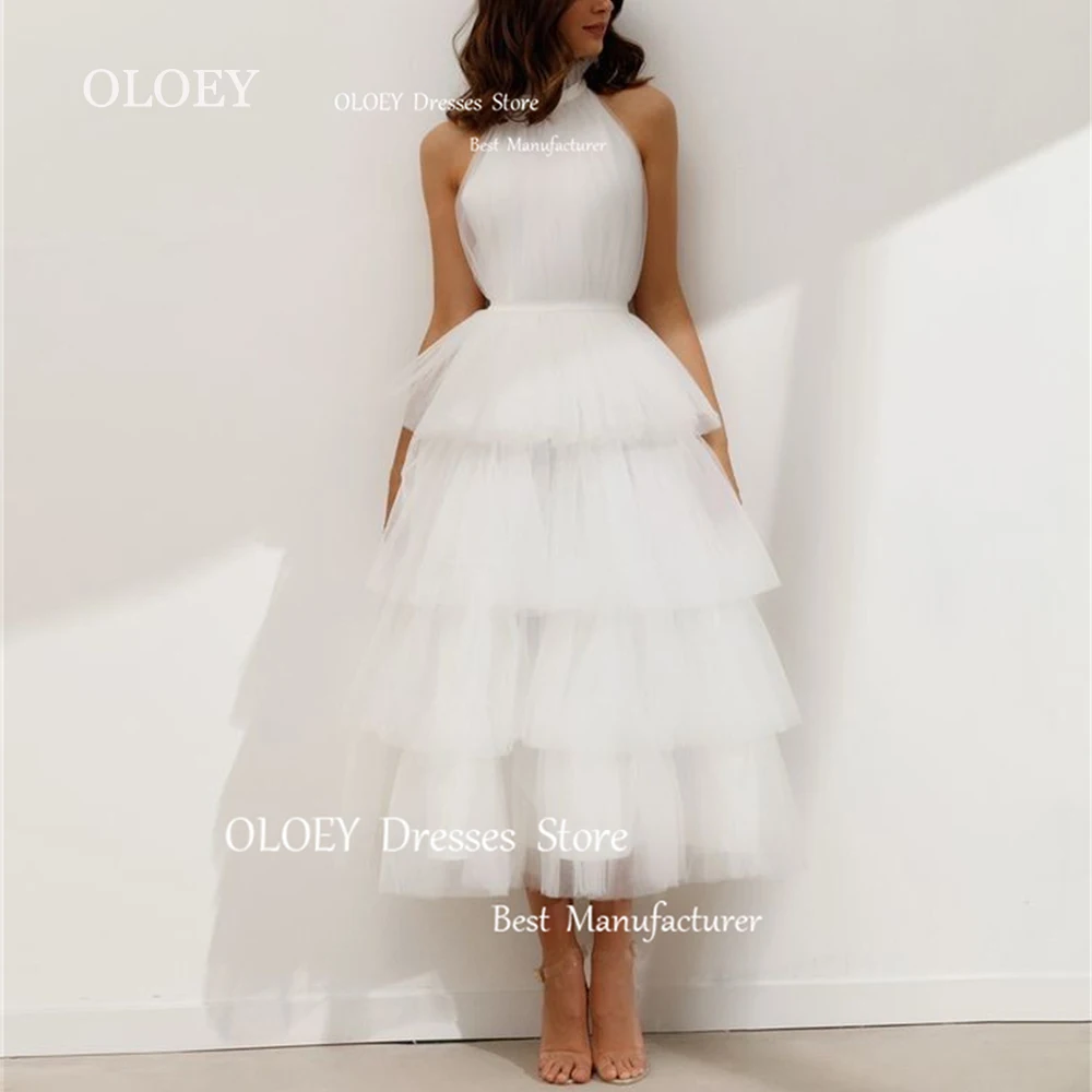 OLOEY Elegant Ivory High Neck Wedding Dress Tiered Silky Organza Sleeveless Bridal Gown Mid-Calf Length Custom Made Prom Gown