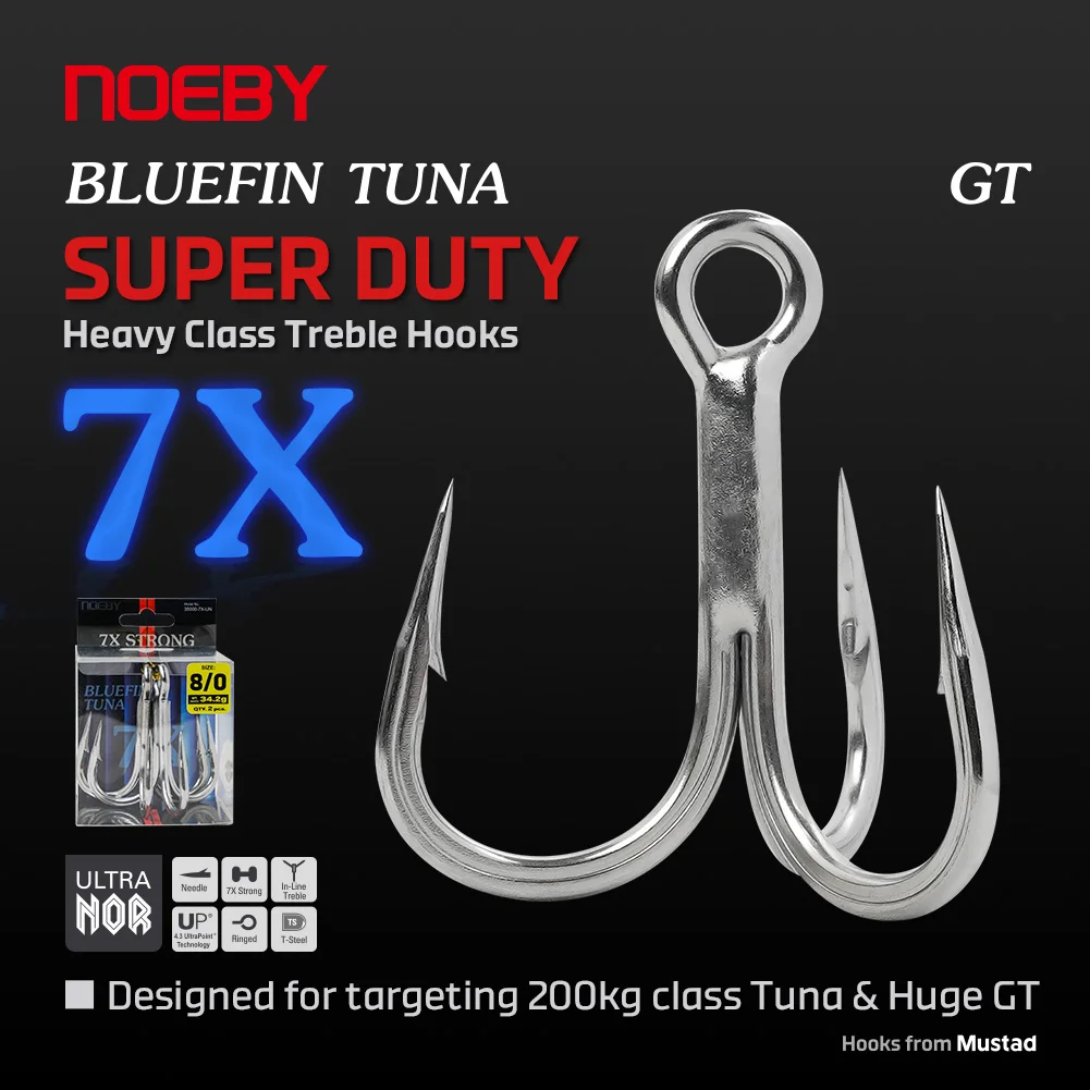 NOEBY-ganchos triples de clase pesada, 7X Bluefin, arrastre máximo de atún, 200kg, Mustad GT, 3/0, 4/0, 5/0, 6/0, 7/0, 8/0, ganchos de juego grandes
