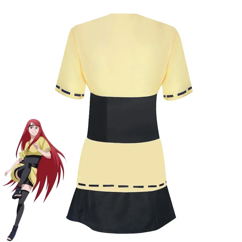 애니메이션 우즈마키 쿠시나 코스프레 의상 노란색 짧은 소매 탑 배틀 유니폼 레드 가발 여성 섹시한 카니발 할로윈 슈트;3,k8't