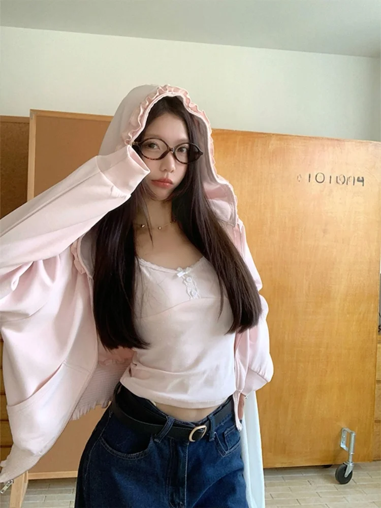 Sweat à capuche coréen doux Anti-âge avec fermeture éclair Jaet femmes printemps automne Faion vêtements d'extérieur oreille en bois longue Sve ouvert Cardigan haut