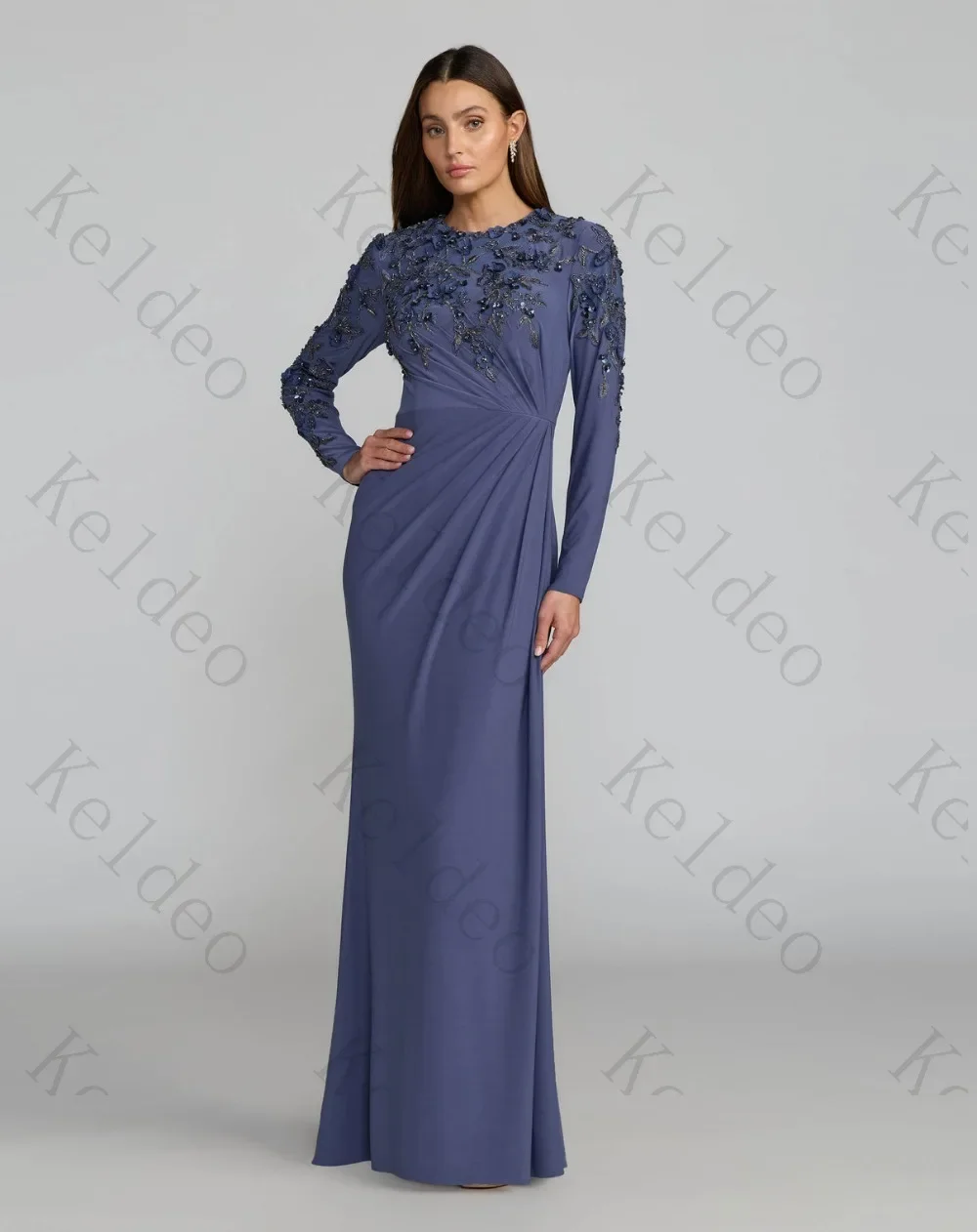 Customized Dusty Blue Jersey Evening Gown Round Neck Long Sleeve 3D Floral Beaded Ruched Dress for Mother of Bride Formal Party