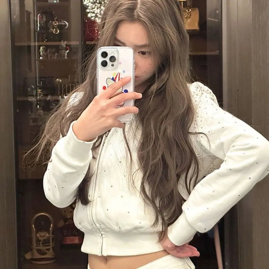 Hot Girl Zip Up Hoodie White Rhinestone Short Long Sleeves Hoody Harajuku Casual Kpop Punk Sweatshirt Top Women Y2k Hoodies Coat