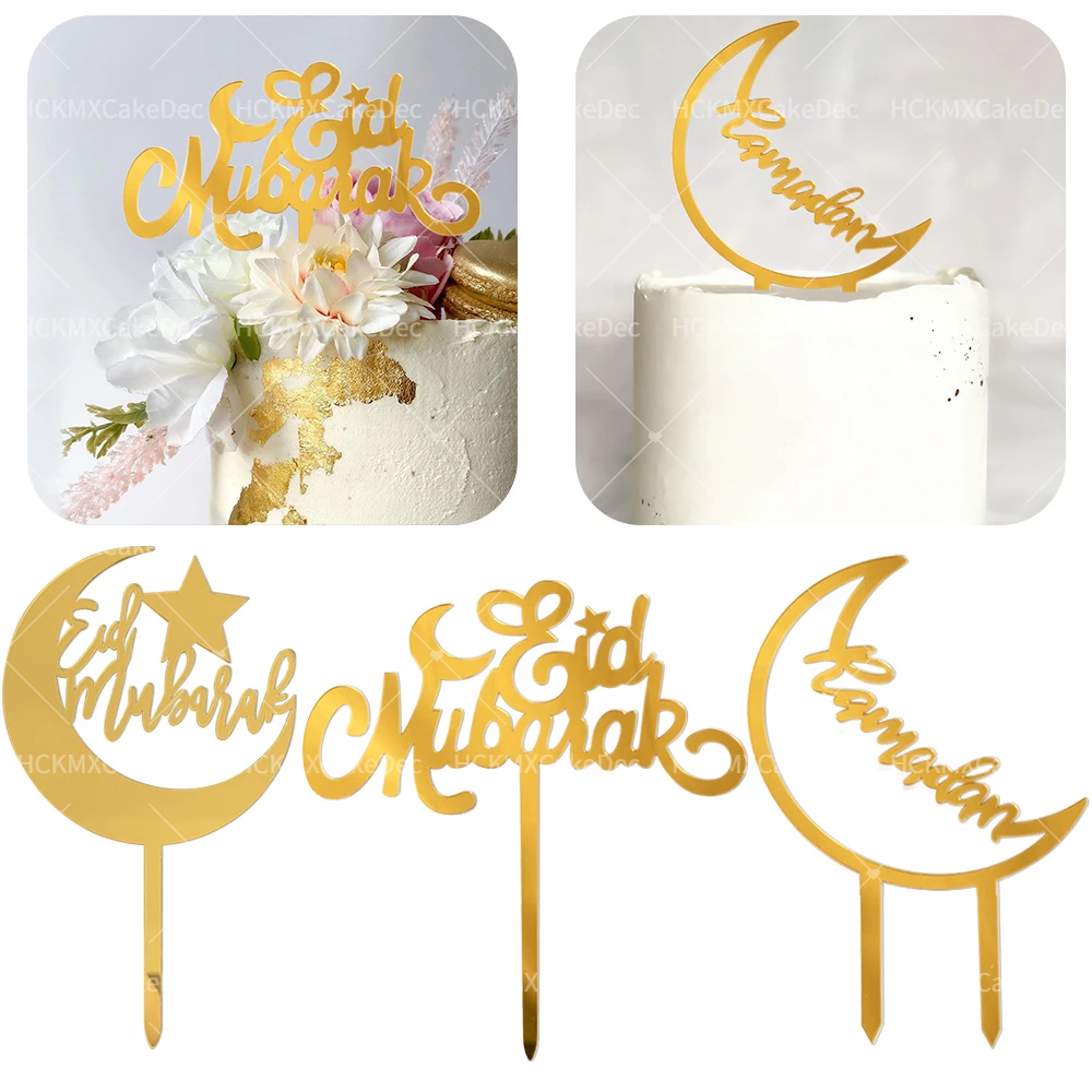 3 Stück Gold Acryl Eid Mubarak Kuchen Topper Plugin für Ramadan Mubarak Festival Party Kuchen Dekorationen Lieferungen