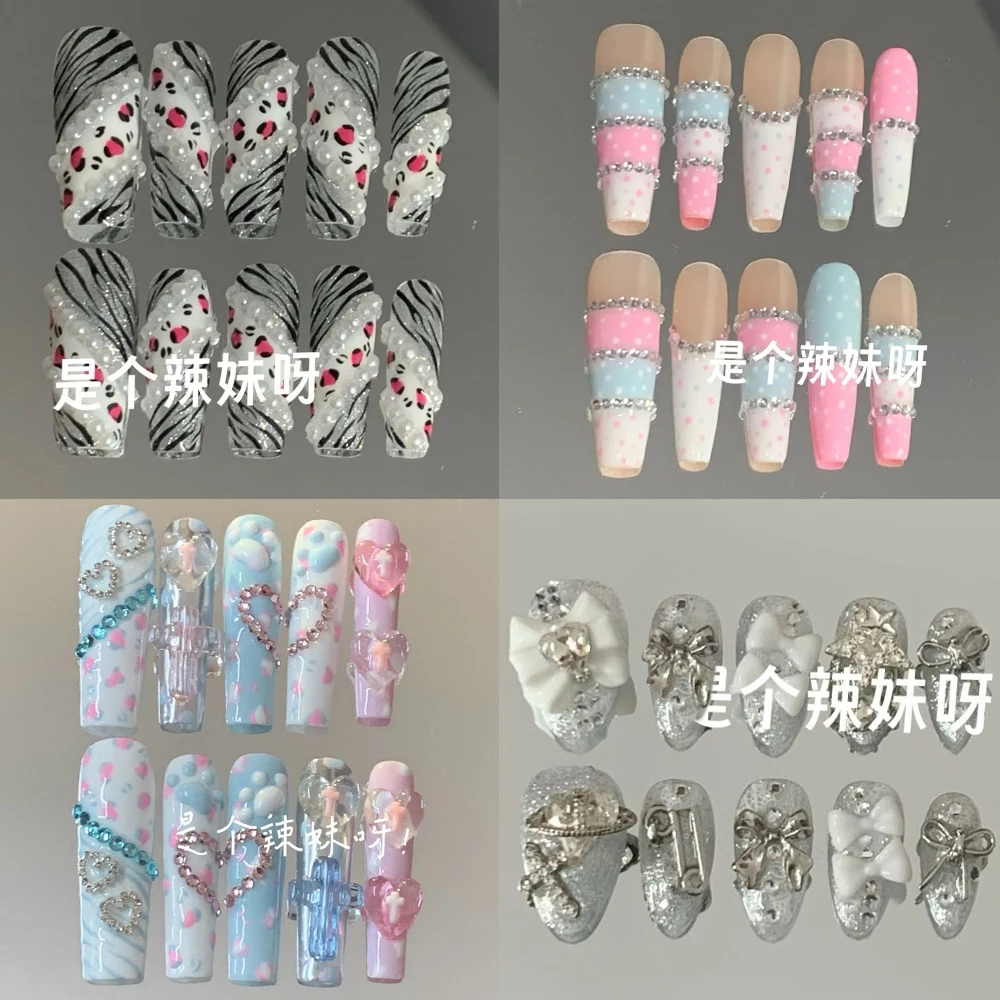 

Y2K Kawaii Handmade Long Coffin Almond Wearable Press On Nails Diamond Pearl Bowknot Flower Wings Metal Rivet Stars Fake Nails